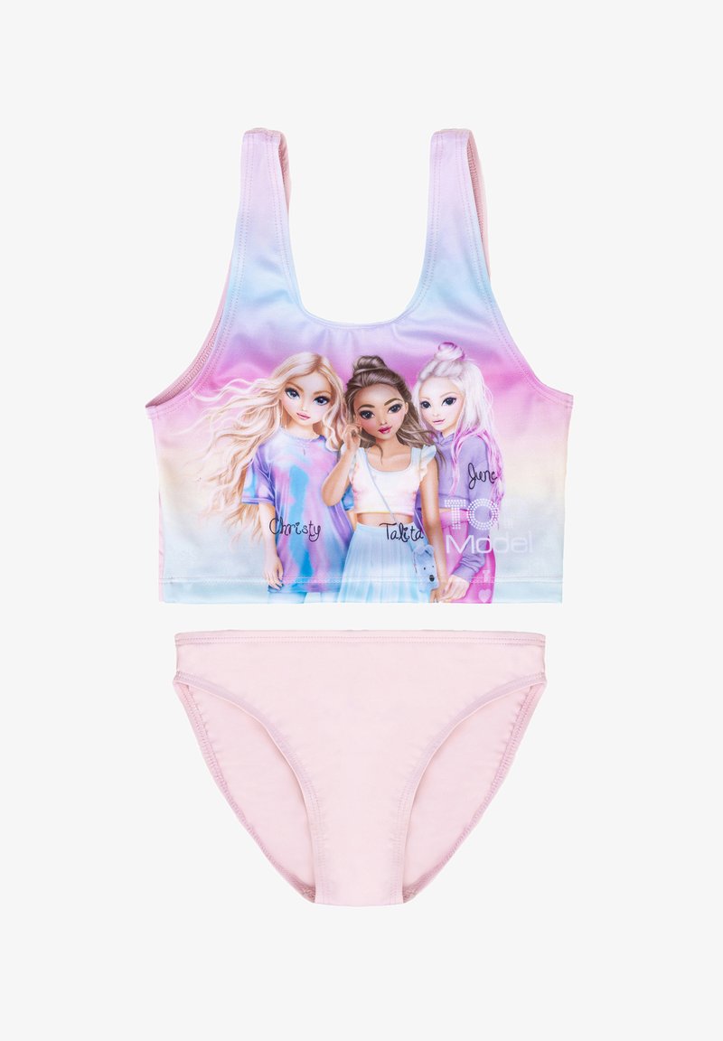 Girls' two-piece swimwear set featuring a multicolored crop top with cartoon characters and a plain pink bikini bottom, made from smooth fabric.