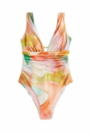 Einteiliger Badeanzug mit tiefem V-Ausschnitt, geraffter Taille und abstraktem Aquarellmuster in pastellorange, rosa, grün und blau.