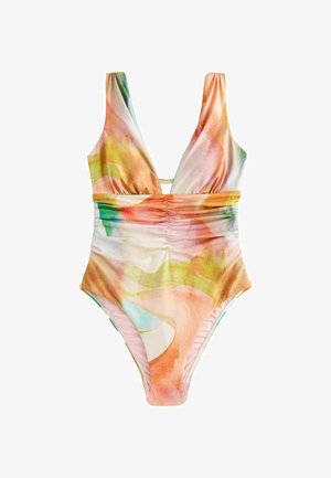 Jednodielne plavky s hlbokým výstrihom do V, s naškrobeným pásom a abstraktným pastelovým akvarelovým vzorom v oranžovej, ružovej, zelenej a modrej farbe.