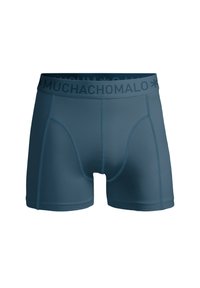 Boxer shorts in a dark blue color, made from a smooth, stretchy material. Features a logo-printed waistband and contrast stitching.