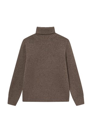 Brun turtleneck sweater i et struktureret strikstof, med lange ærmer og en ribbet krave. Simpelt design uden dekorationer.
