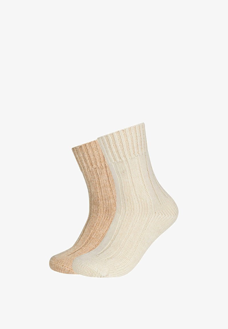 Baumwollmischungssocken in Beige und Off-White. Gerippte Textur mit mittlerer Wadenhöhe. Weiche Oberfläche mit kontrastierenden Tönen und glattem Strick.
