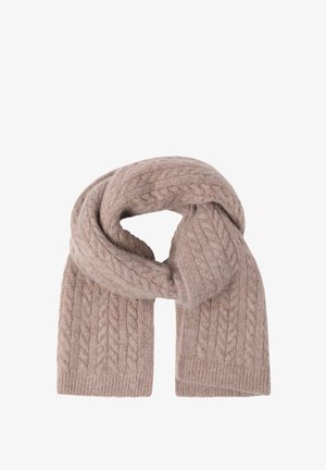 Pletený šál v svetlo béžovej zmesi vlny, s textúrovaným vzorom a zakončením. Mäkko, hrubý materiál navrhnutý pre teplo.