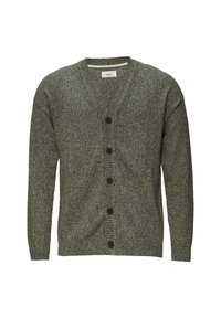 Strickjacke in dunklem Grün und grauer Kombination, mit V-Ausschnitt, langen Ärmeln und sechs schwarzen Knöpfen auf der Vorderseite.