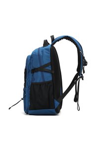 Zaino blu con tasca laterale in rete nera, spallacci regolabili e maniglia superiore. Presenta più scomparti e una superficie testurizzata.