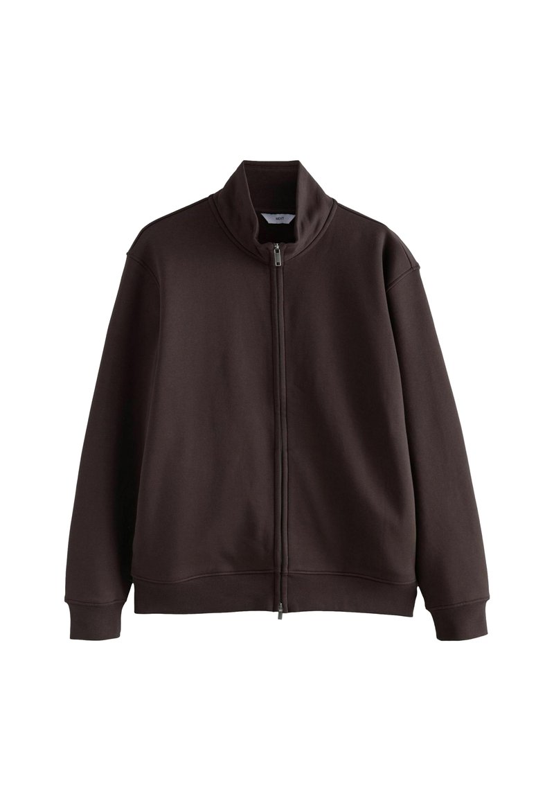 Mørkebrun zip-up sweatshirt med høj krave, afslappet pasform, ribbede manchetter og søm, lavet af blødt bomuldsblandingsstof med minimal detaljering.
