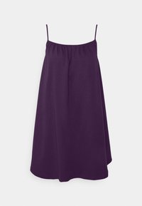 Vestido roxo sem mangas com uma silhueta solta, apresentando alças finas e um decote elástico para conforto e facilidade de uso.