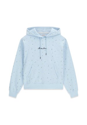 Felpa con cappuccio azzurro chiaro con piccolo motivo floreale, tasca a marsupio frontale, cappuccio con coulisse e testo corsivo nero centrato sul petto.