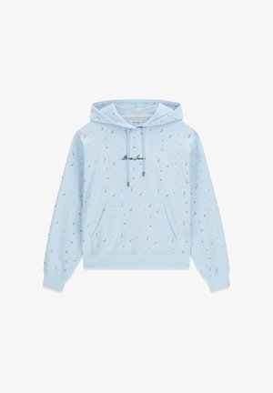 Felpa con cappuccio azzurro chiaro con piccolo motivo floreale, tasca a marsupio frontale, cappuccio con coulisse e testo corsivo nero centrato sul petto.