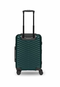 Valigia rigida di colore verde scuro con un motivo a zigzag, manico retrattile nero e quattro ruote per la mobilità.