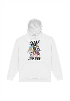 Biała bluza z kapturem z trzema postaciami w stylu anime, małym stworzeniem oraz napisami "Yu-Gi-Oh GX" i "Get Your Game On!" na przodzie.