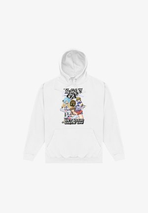 Biała bluza z kapturem z trzema postaciami w stylu anime, małym stworzeniem oraz napisami "Yu-Gi-Oh GX" i "Get Your Game On!" na przodzie.