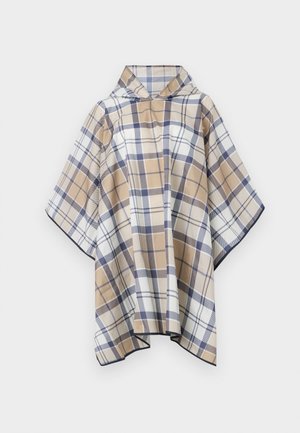 Beige, bílý a modrý károvaný pončo s kapucí a tmavým lemem podél okrajů, vystavené na bílém pozadí.