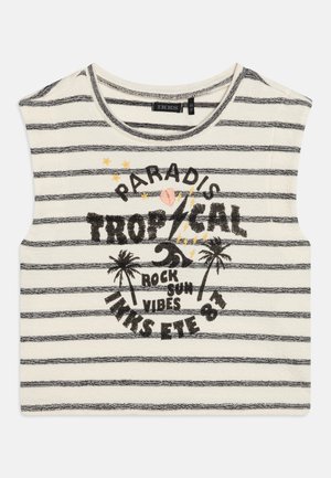 Ujjatlan pamut felső fekete és fehér csíkokkal. Trópusi témájú grafika található rajta pálmafákkal és fekete, rózsaszín, valamint sárga hímzett felirattal.