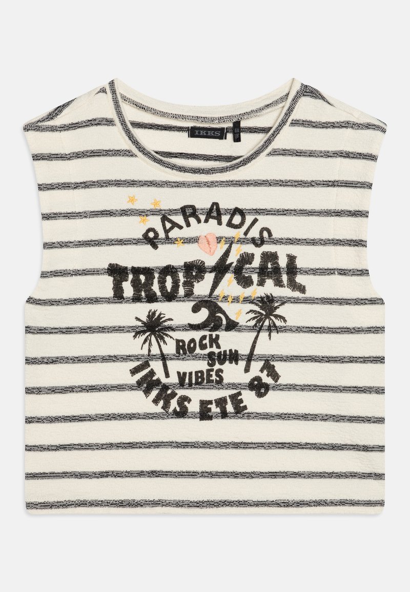 Αμάνικο βαμβακερό μπλουζάκι με μαύρες και λευκές ρίγες. Διαθέτει γραφικό θεματικό με τροπικές παλμέες και κείμενο κεντημένο σε μαύρο, ροζ και κίτρινο χρώμα.