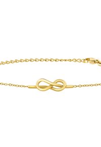 Pulsera de oro con un símbolo de infinito como pieza central, con una cadena texturizada y cierre de langosta.