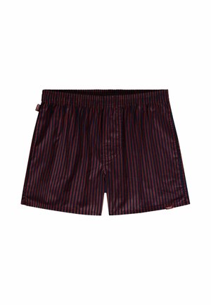 Rood en marineblauwe gestreepte boxershorts met een elastische tailleband, gemaakt van een gladde stof. Heeft een klein merklabel aan de zijkant.