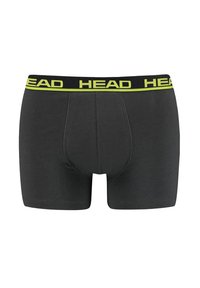 Dunkelgraue Boxershorts mit einem schwarzen und neongelben Markenbund, die eng anliegen und eine glatte Textur aufweisen.