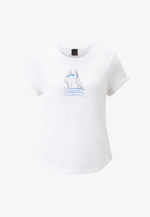 White short-sleeve t-shirt featuring a blue line drawing of a woman with sunglasses and blue stripes across her shirt. Soft cotton material.