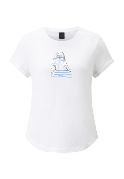 White short-sleeve t-shirt featuring a blue line drawing of a woman with sunglasses and blue stripes across her shirt. Soft cotton material.