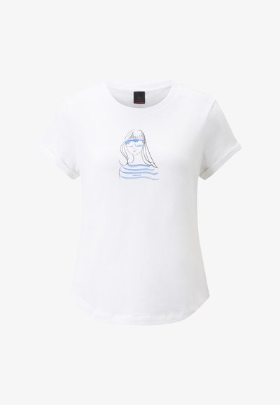 White short-sleeve t-shirt featuring a blue line drawing of a woman with sunglasses and blue stripes across her shirt. Soft cotton material.