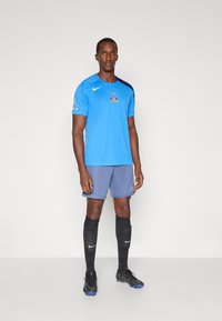 Zils sporta krekls ar logo, pelēki šorti, melnas zeķes un sporta apavi. Krekls ir ar apaļu kakla izgriezumu un īsām piedurknēm, ar dzelteniem akcentiem.