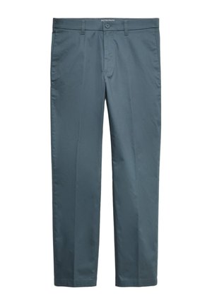 Donkerteal herenbroek met rechte pijpen, sluiting met knoop, riemlussen en zijzakken, plat weergegeven op een witte achtergrond.