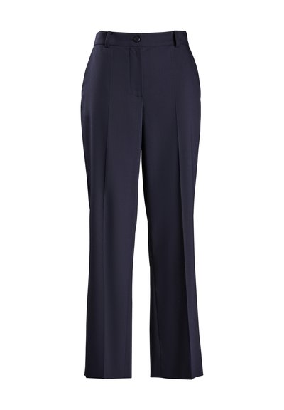 Marineblauwe op maat gemaakte broeken van gladde stof, met een ritssluiting, knoopsluiting en rechte pijpen met een gemiddelde taille.