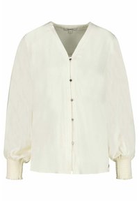 White blouse with a V-neck, button-down front, and elasticized puff sleeves. Made from smooth fabric, featuring subtle texture details.