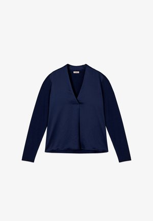 Blusa manica lunga blu navy con scollo a V e pannello frontale liscio, caratterizzata da una vestibilità leggermente ampia e orlo dritto.