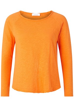 Langärmeliges, leuchtend orangefarbenes Shirt mit Rundhalsausschnitt und Raglanärmeln, gefertigt aus leichtem strukturiertem Stoff.