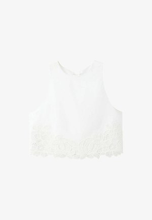 Top corto bianco senza maniche con scollo tondo e bordatura in pizzo floreale lungo l'orlo inferiore.