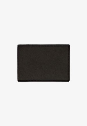 Black leather wallet with a smooth texture, rectangular shape, minimalistic design, and contrasting stitching along the edges.
