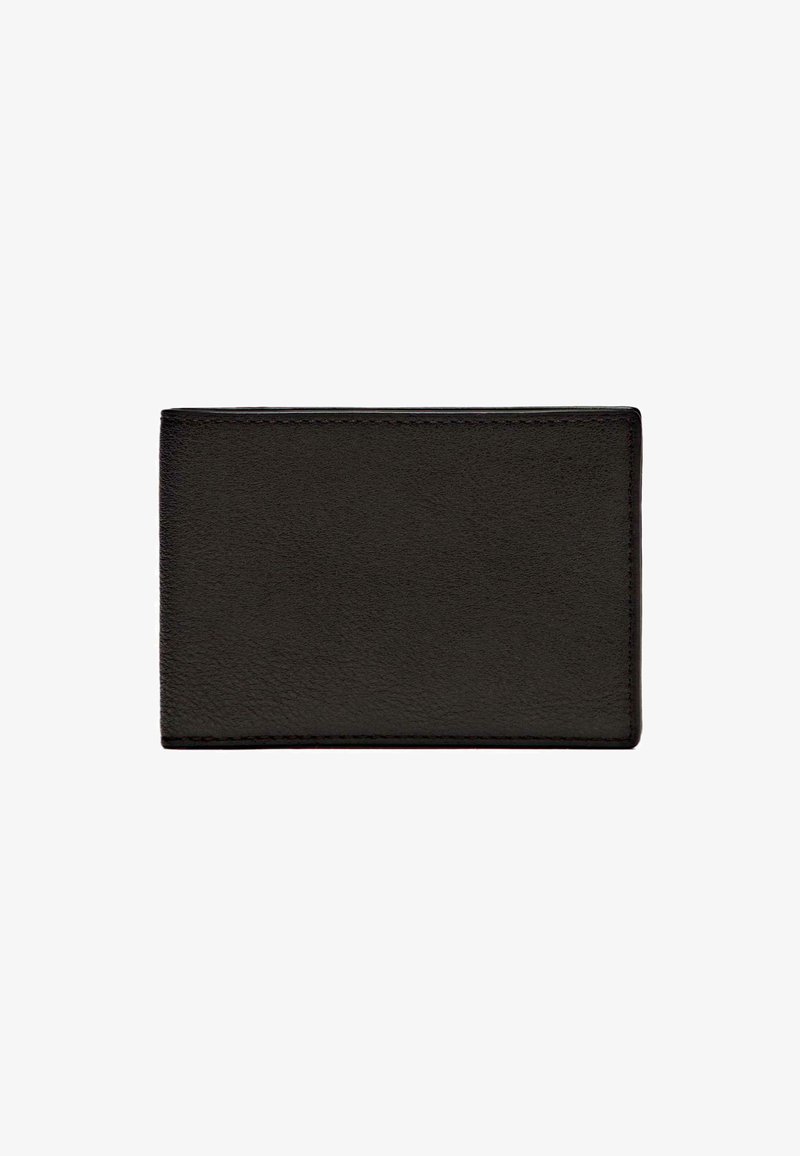 Portafoglio in pelle nera con una superficie liscia, forma rettangolare, design minimalista e cuciture a contrasto lungo i bordi.