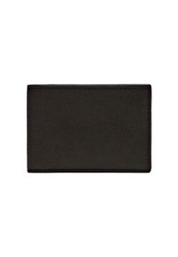 Svart läderplånbok med en jämn yta, rektangulär form, minimalistisk design och kontrasterande sömmar längs kanterna.