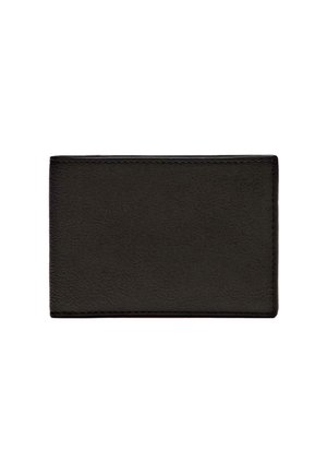 Svart läderplånbok med en jämn yta, rektangulär form, minimalistisk design och kontrasterande sömmar längs kanterna.