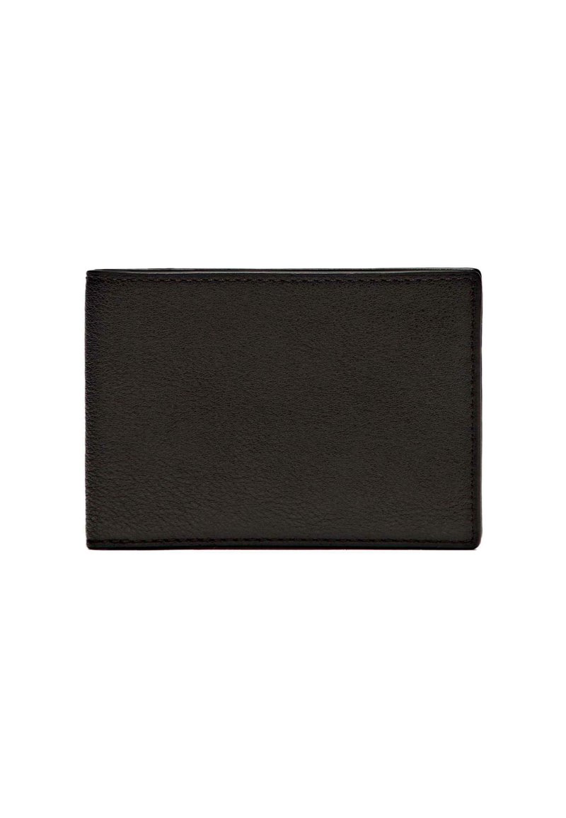 Svart läderplånbok med en jämn yta, rektangulär form, minimalistisk design och kontrasterande sömmar längs kanterna.
