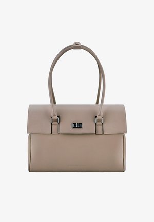 Beżowa skórzana torba na ramię o strukturalnym kształcie, z podwójnymi uchwytami i magnetycznym zapięciem. Teksturowana powierzchnia z metalicznymi akcentami przy zapięciu.