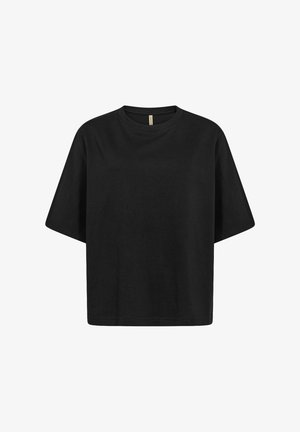 Sort oversized t-shirt med korte ærmer; rund halsudskæring; blødt bomuldsstof; løst fit; minimalisk design; ingen synlige logoer eller mønstre.