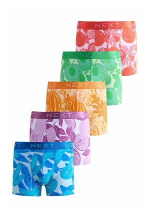 Fünf bunte Herrenboxershorts mit Obstmustern und dem Schriftzug "NEXT" auf elastischen Bundbändern in Rot, Grün, Orange, Lila und Blau.