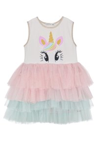 Weißes ärmelloses Kleid mit einem Einhorn-Druck, das eine goldene und pastellfarbene Mähne zeigt. Tüllschichten in Pink und Mintgrün erzeugen einen Rüscheneffekt.