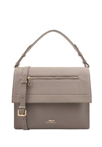 Grijze leren handtas met een gestructureerd ontwerp, omvouwflap, voorzak met rits, verstelbare schouderband en accenten in goudtint.