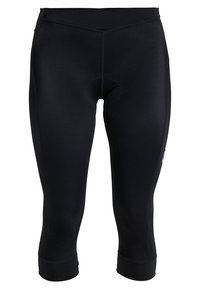 Calças de ciclismo pretas até os três quartos, feitas de tecido elástico, com um acolchoado de chamois e costuras planas para maior conforto. Apresenta um design ajustado.