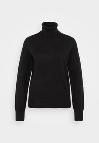 Maglione a collo alto nero realizzato in morbido tessuto a maglia. Presenta maniche lunghe, un corpo aderente e polsi e orlo a costine. Nessun motivo o grafica.