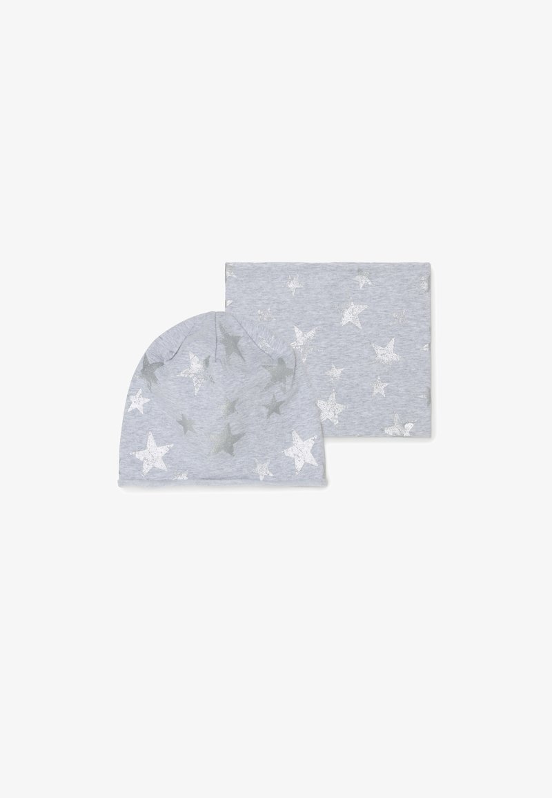 Gray cotton beanie and matching blanket featuring silver star prints, soft texture, with a smooth finish and rounded shape.