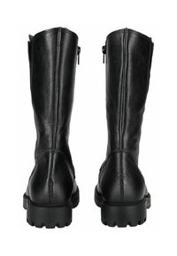Bottes noires en cuir jusqu'au genou avec une finition texturée, des zips à l'arrière et des semelles en caoutchouc robustes et épaisses. Design simple sans embellissements visibles.