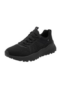 Black athletic shoe featuring a breathable mesh upper, textured overlays, elastic laces, and a rugged rubber sole for traction.