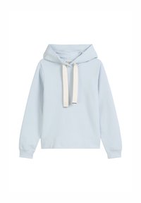 Hellblauer Hoodie aus weichem Stoff, mit einer Zugkordel in Beige, langen Ärmeln und einer Kängurutasche vorne.