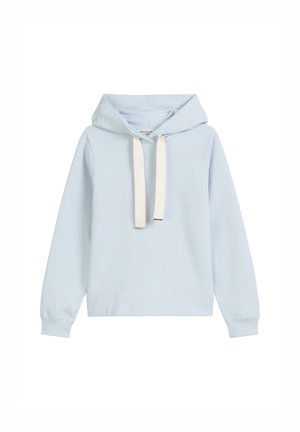 Hoodie bleu clair en tissu doux, doté d'un cordon de serrage avec des accents beiges, de manches longues et d'une poche kangourou à l'avant.