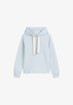 Hoodie bleu clair en tissu doux, doté d'un cordon de serrage avec des accents beiges, de manches longues et d'une poche kangourou à l'avant.